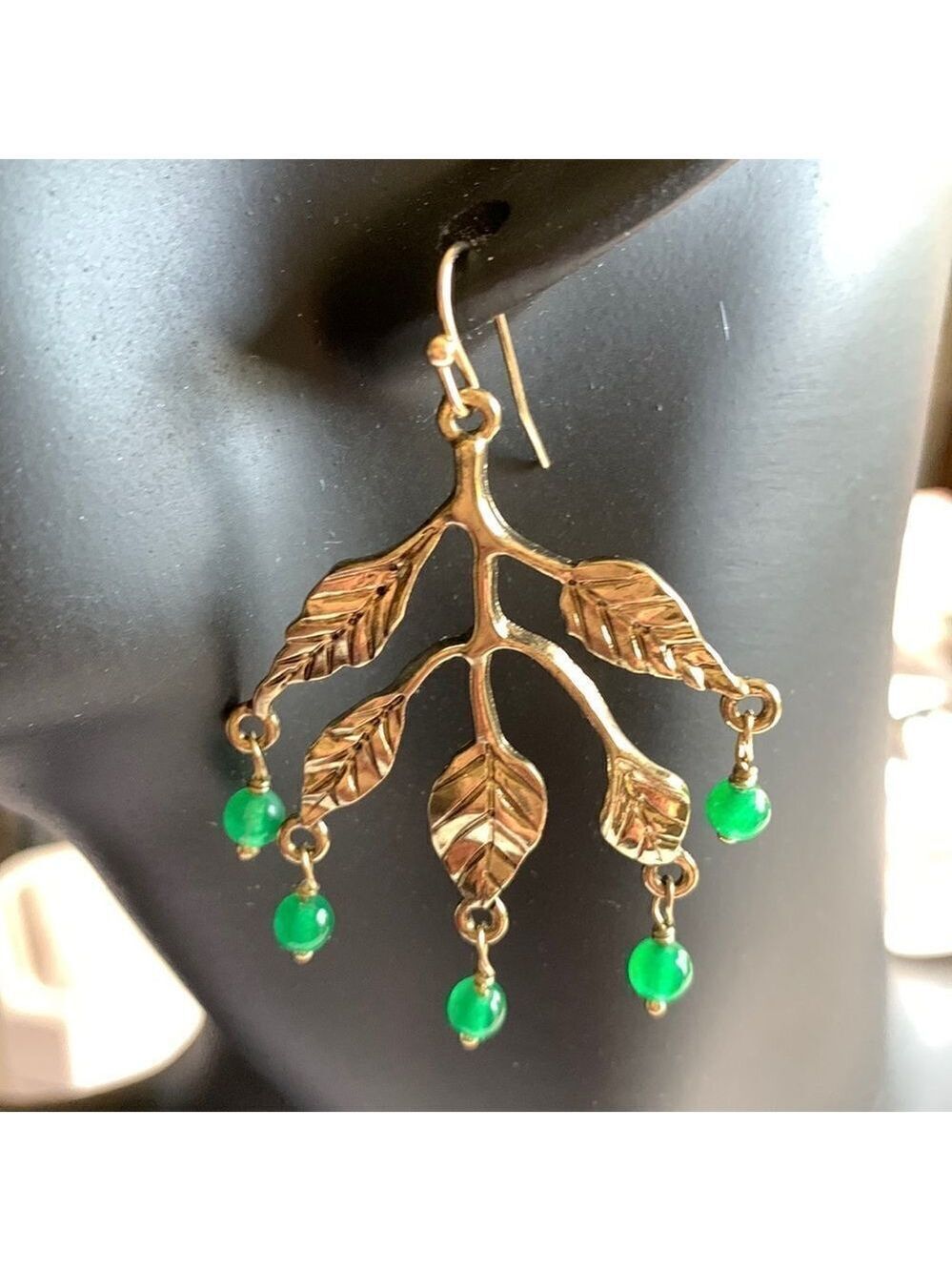 ANTIQUE Gold Tone Dangle Pierced Earrings Tree Branches with Green Beads